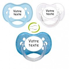 Tétines personnalisées garçon anatomique (pastel, transparente, bleu paillettes)